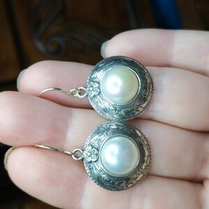 Ornate pearl dangle earrings sterling silver 925 floral design didae shablool